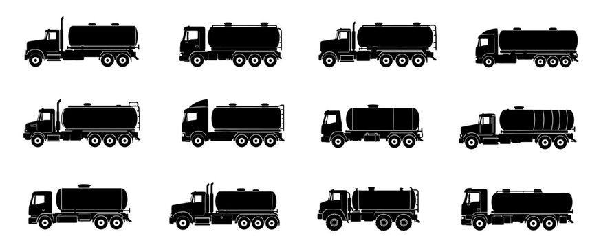 Tanker truck silhouette set in black featuring twelve unique liquid transport vehicles with cylindrical tanks for industrial and logistics