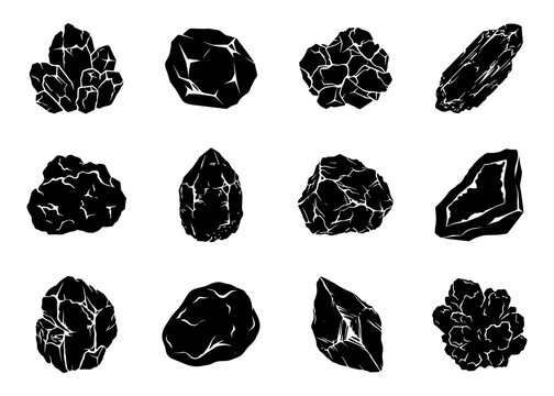 Coal silhouette set in black featuring twelve unique natural coal rocks and mineral chunks with rugged geological shapes