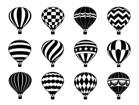 Hot air balloon silhouette set in black featuring twelve unique balloon envelopes with decorative patterns for aviation