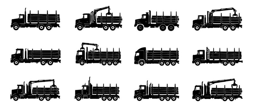 Logging truck silhouette set in black featuring twelve unique timber transport trucks carrying stacked logs for forestry