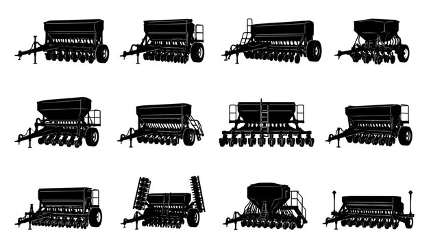 Seed drill silhouette set in black featuring twelve unique agricultural planting machines with precision sowing equipment for farming