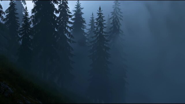Foggy forest with mist and silhouetted trees moody nature, abstract motion background for modern creative design