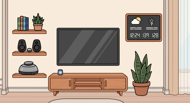 Modern living room with large flat-screen TV, entertainment console, and decorative shelves.