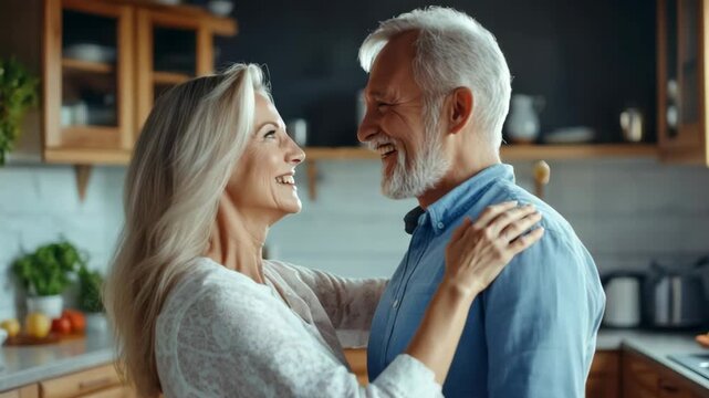 Golden-haired woman smiles warmly at her partner. Man with grey hair laughs joyfully, arms wrapped around her. They share a tender, loving moment in a cozy kitchen