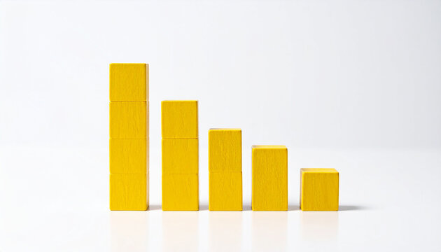 Minimal wooden yellow bar chart with ascending bars on white background, business analytics and KPI improvement concept, financial growth visualization. Close-up.