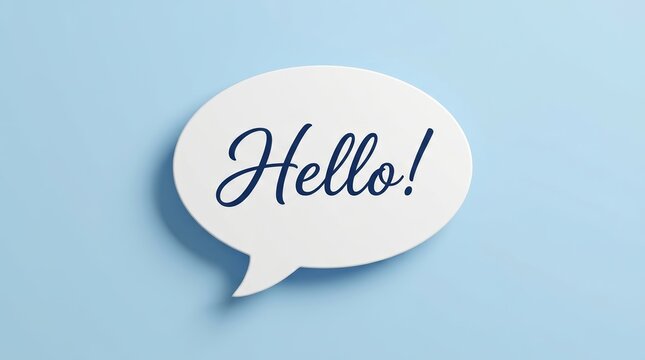 Greeting concept featuring a white speech bubble with hello text on light blue background.