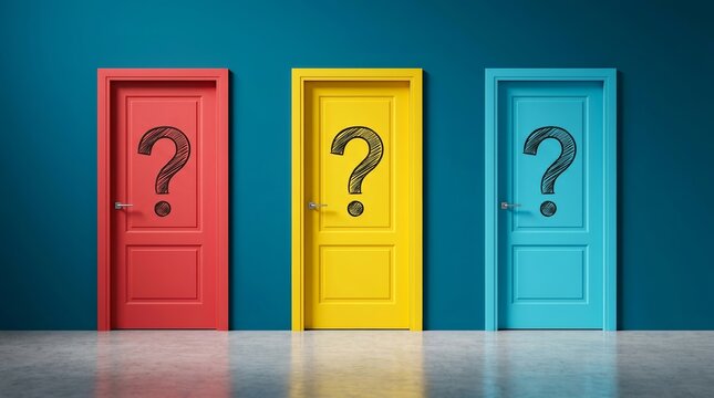 Conceptual image of three vibrant doors with question marks signifying difficult life choices and decision making.