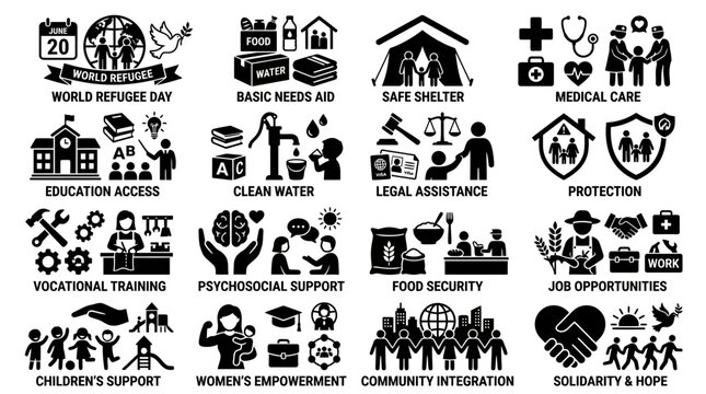 World Refugee Day illustration depicts people seeking basic needs aid and support for a better life.