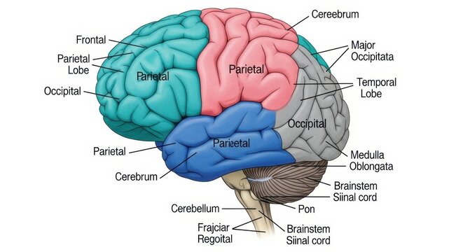 Detailed illustration of human brain with labeled parts