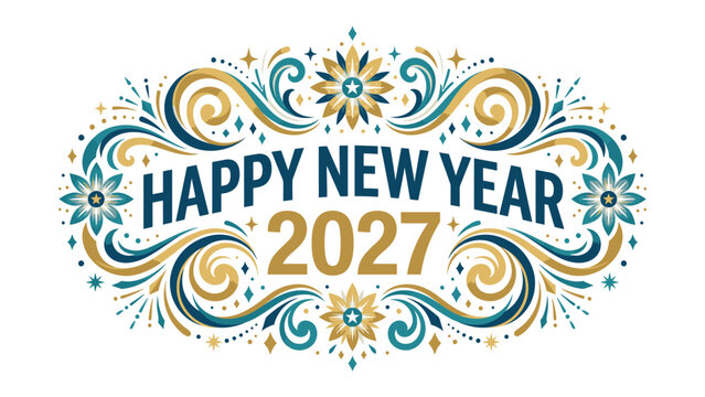 Happy New Year 2027 Celebration Graphic: A festive and ornate graphic design proclaiming Happy New Year 2027 with decorative swirls, stars, and floral elements in blue and gold.
