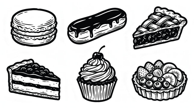Chocolate Eclair, Macaron, Cherry Pie Slice, Gourmet Fruit Tart, Cream Cupcake, and Layered Cake Vectors