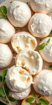 Creamy burrata cheese balls with cut openings, exposing soft centers, cooking, product