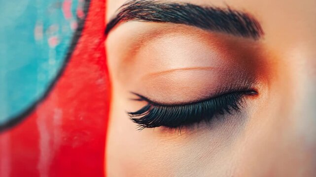 Close-up of a calm, closed human eye. Long lashes frame a serene, resting gaze. Soft skin glows with gentle, natural lighting. Colorful abstract background adds vivid contrast