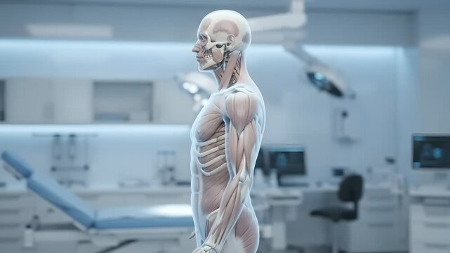 Futuristic 3D Human Anatomical Model in a Modern High-Tech Medical Laboratory for Surgical Planning and Education
