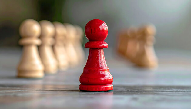Red chess pawn standing in front of line of wooden pawns, business strategy, leadership and competitive advantage, soft natural background blur. Close-up.