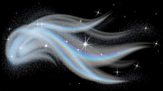 Magical white smoke wisp with sparkling stars on black background, abstract motion background for modern creative