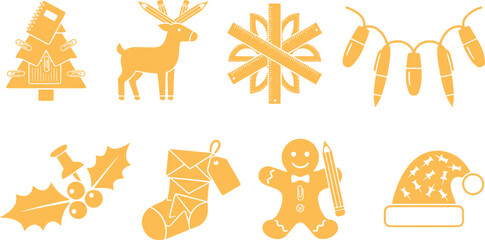 Creative office supply Christmas icon set featuring a sticky note tree pencil reindeer ruler snowflake pen lights and envelope stocking silhouette vector graphic © Mr. Akash