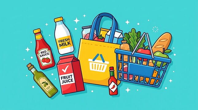 Grocery shopping, colorful cartoon illustration, food basket, supermarket products, daily essentials