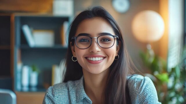 A happy woman smiling and closing her eyes. She is wearing glasses and a blue shirt.