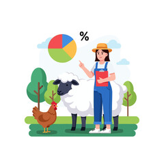Fototapeta premium Female farmer analyzing agricultural data and livestock statistics with pie chart vector illustration.