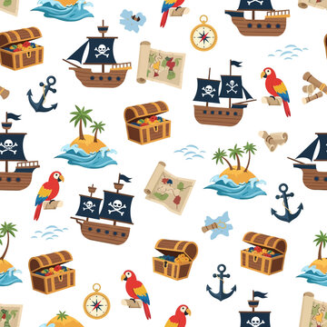 Pirate ship, treasure chest, parrot pattern