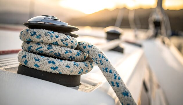 Coiled Blue White Sailing Rope Wrapped Around Winch on Sailboat Deck at Sunset