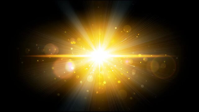 Golden light flare with warm glow on black background, abstract motion background for modern creative design projects