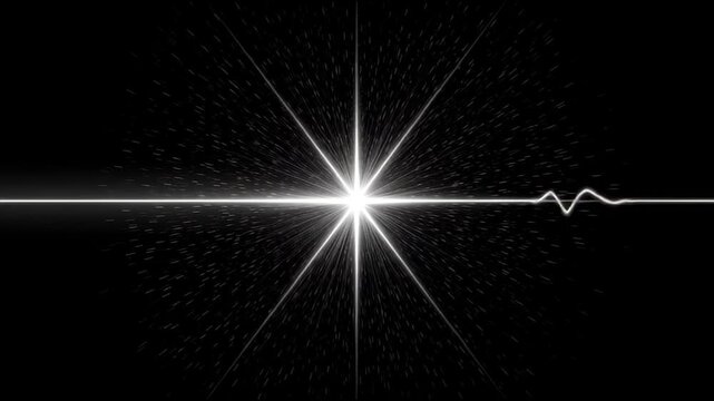 White glowing star flare on black background bright light burst, abstract motion background for modern creative design