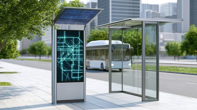 Modern bus stop features digital map and solar panel, with vehicle passing