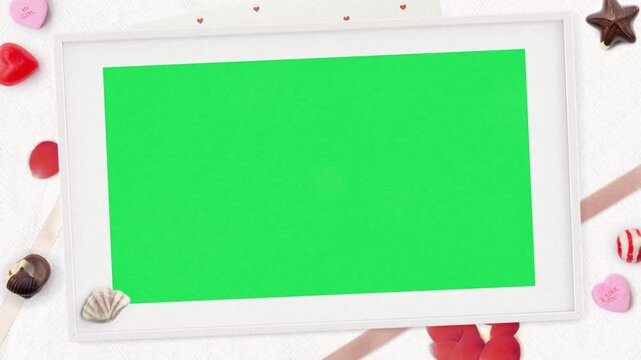 Animation red rose and white frame with green space.