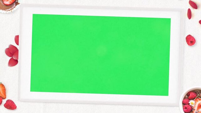 Animation red rose and white frame with green space.