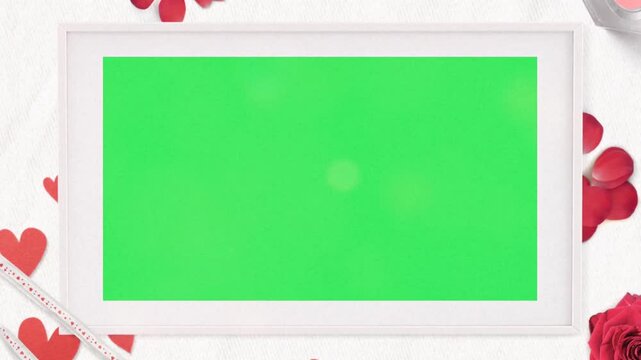 Animation red heart shape and white frame with green space.