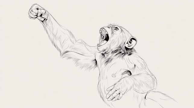 Detailed Sketch of an Angry Monkey with Raised Fist and Open Mouth