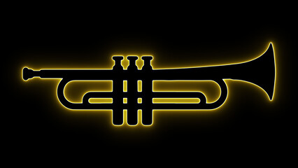 A vibrant glowing yellow neon outline of a trumpet musical instrument on a dark black background. ideal vector graphic design for jazz music concert, posters, orchestra themes, and cool art projects. © saumya