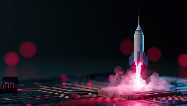 Rocket launching from a motherboard, signifying innovation and technology growth