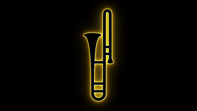 A modern neon glowing trombone silhouette illustration on a dark black background, ideal for jazz themes, music posters, concert flyers, brass band designs, and digital artwork projects.
