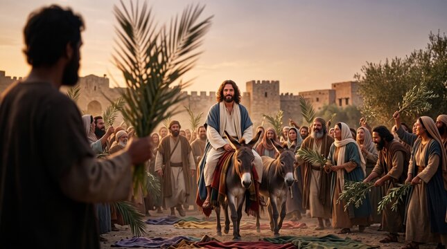 Jesus entering Jerusalem on a donkey as a crowd gathers to welcome him with palm branches. Biblical story of Palm Sunday showing religious historical event with man and woman followers.