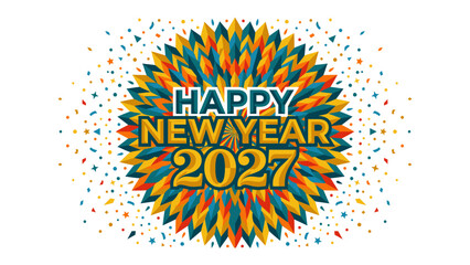 Happy New Year 2027 Celebration: A vibrant and festive graphic celebrating the arrival of the new year 2027, adorned with colorful confetti and a striking sunburst design. © Ajhar234