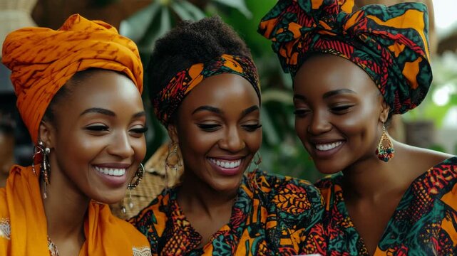 Group of three women wearing colorful headscarves and patterned dresses with joyful expressions.