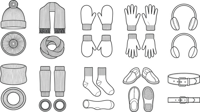 Fashion technical sketch template set of autumn winter accessory collection with hats gloves and socks