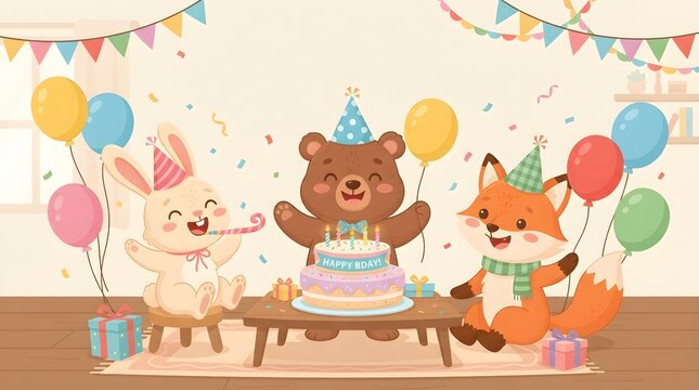 Animals celebrating birthday cake