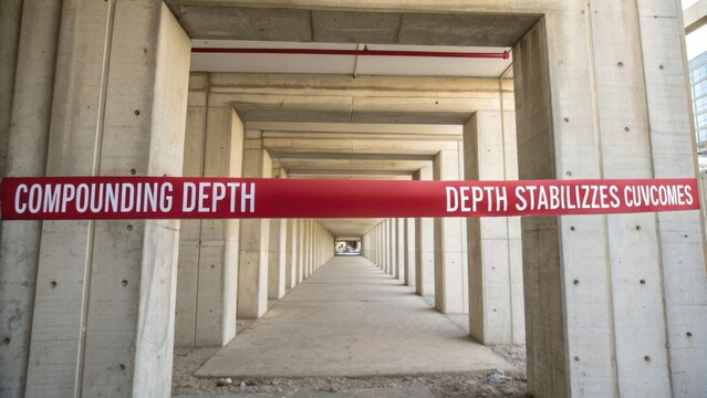 Construction Site with Warning Ribbon and Column Structures Showcasing Depth and Stability in Urban Environment