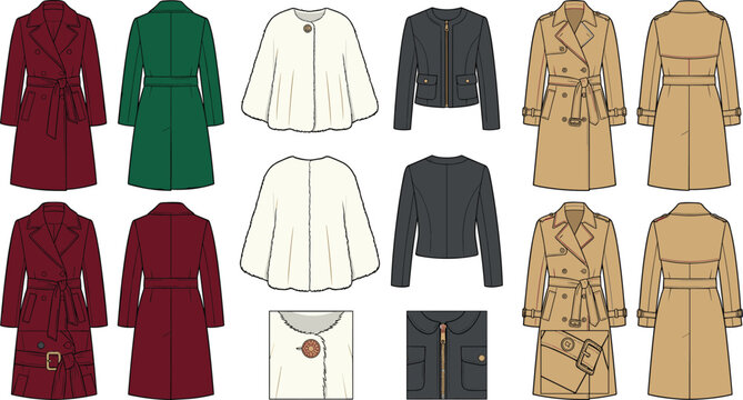 Technical vector flat sketches of women winter coats and jackets outerwear collection with details
