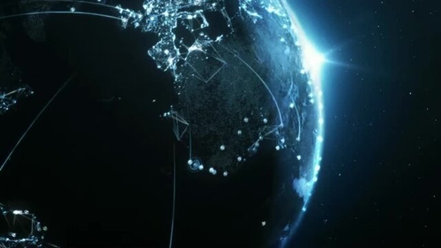 A stunning 3D visualization featuring planet Earth rotating in space, enveloped by an interconnected global digital network.