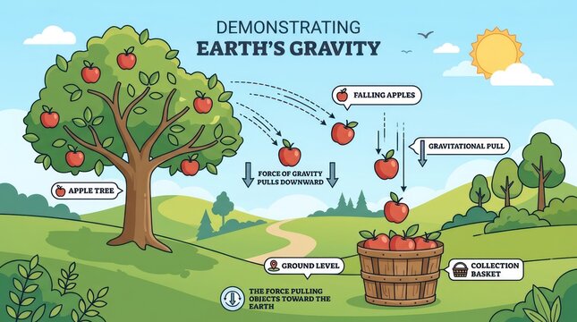 Educational science illustration demonstrating how gravity pulls apples from tree to earth.