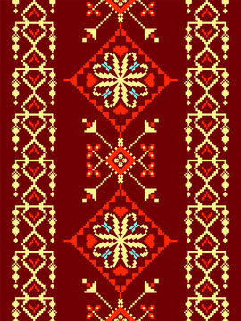 Seamless pixel pattern featuring diamond medallions, hanging geometric ornaments, and symmetrical vertical borders in red, cream, and turquoise tones for textile and surface design.