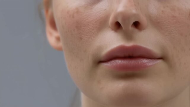 Close-up lower face motion showing subtle mouth movement from slightly parted lips toward gently pursed shape with relaxed jaw, soft skin detail, neutral studio lighting