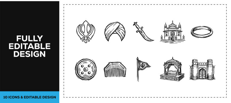 Black ink scribble hand drawn indian culture and tradition icon set bundle featuring hand drawn doodle sketch vector illustrations for travel guide and temple branding design art.