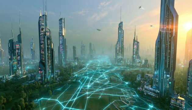 Futuristic cityscape with glowing digital network pathways and sleek skyscrapers