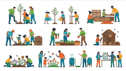 Fototapeta premium Educational Environmental Learning Collection with Tree Planting, Recycling Gardens, Pollinator Habitats and Sustainable Gardening Workshops Flat Vector
